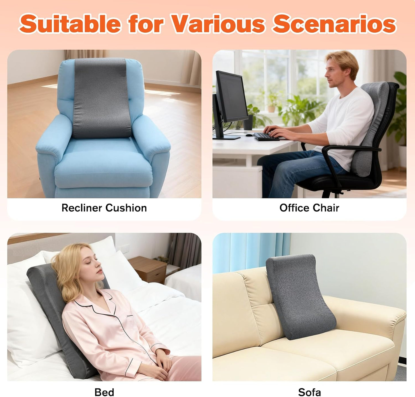 JZHLLA Recliner Neck and Lumbar Support Cushion for Recliner Couch & Glider Chair, Ergonomic S-Shaped Backrest Pillow, Breathable Cotton-Linen Foam, Non-Slip Backing, Removable Cover(Grey)