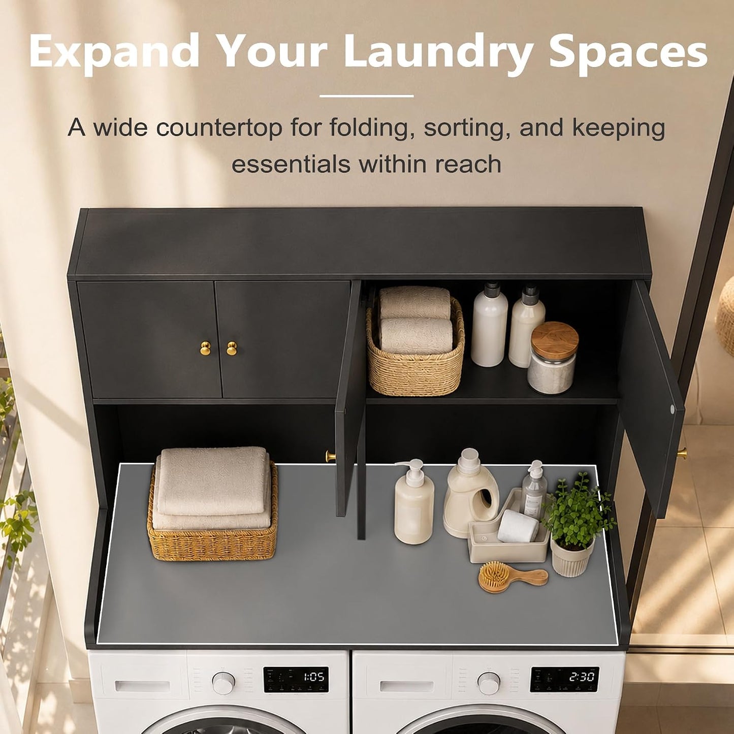 Washer Dryer Countertop with Cabinets, 2-Tier Laundry Countertop with Shelf | Washer and Dryer Topper with Edge, Over Washer and Dryer Shelves for Laundry Room, Universal Fit, 54.5"Wx27.5"Dx32.5"H