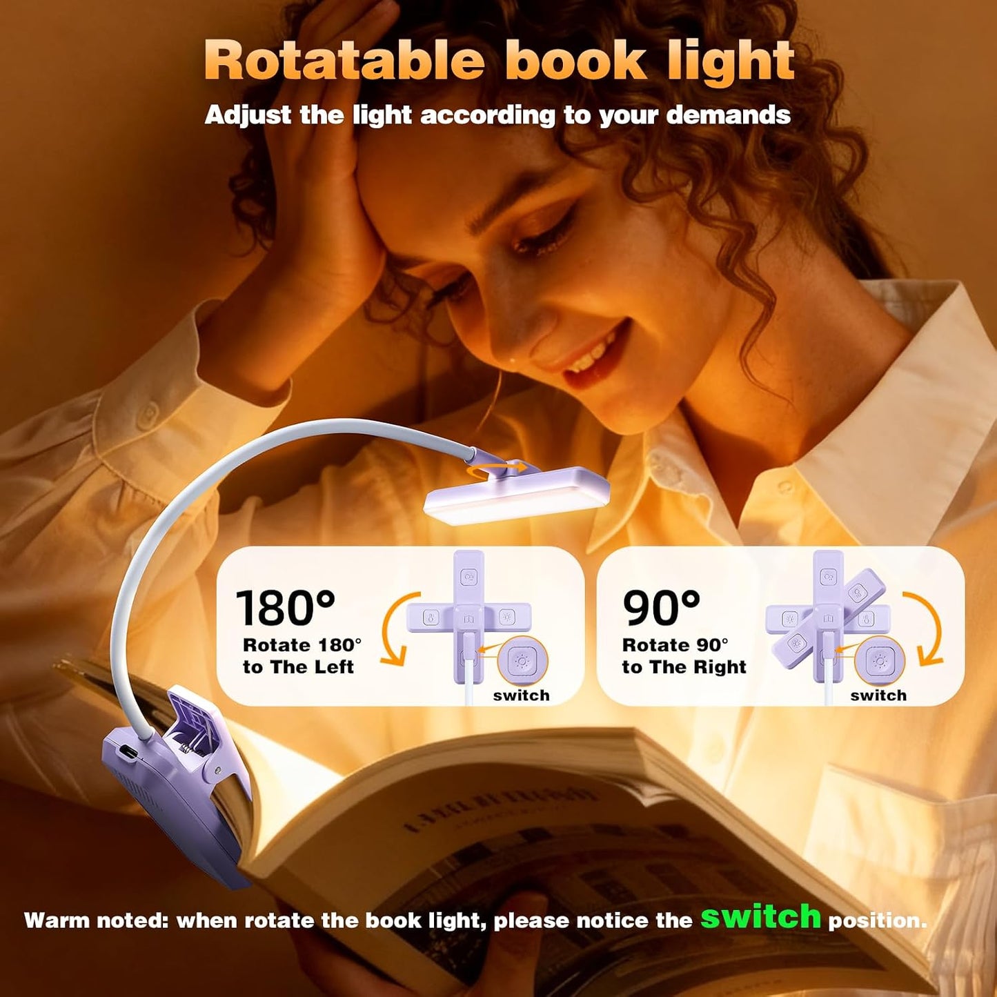 VAVOFO Rechargeable Book Light Rotatable：24 LEDs Reading Light, 3-Color & 9-Brightness Book Lamp, Eye Cared 120Hrs Runtime Lightweight Clip on Led Light for Book Lovers (Black)