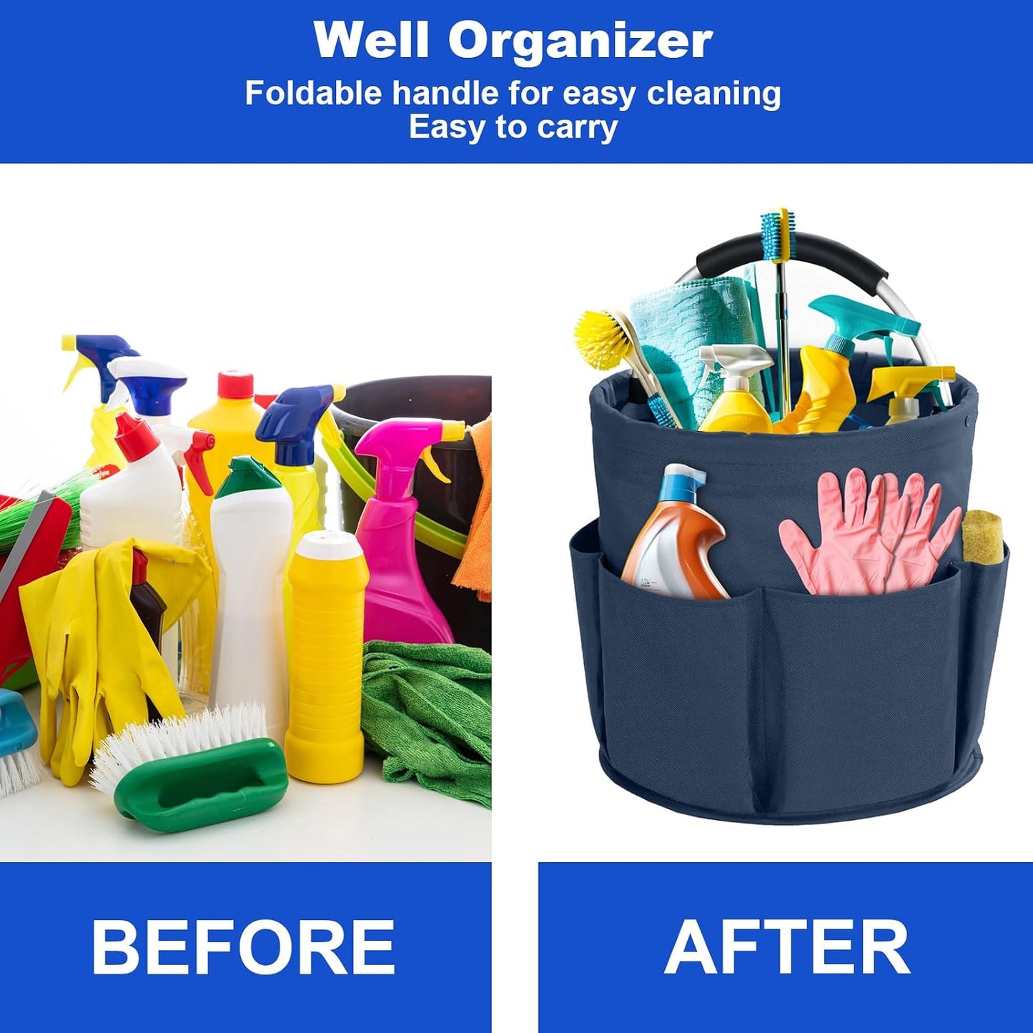 Cleaning Caddy with Handle, Cleaning Products Organiser, 17L Foldable Storage Basket, Cleaning Caddy Organiser, Portable Multi Cleaning Bucket Bag for Home, Garden (Black)