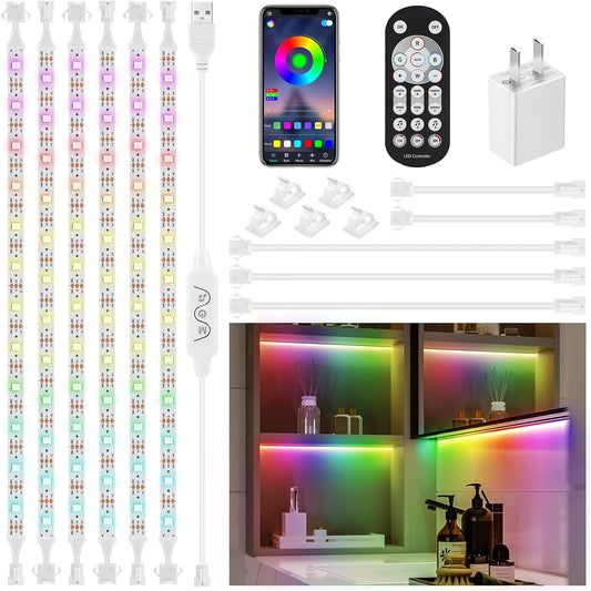6Pcs Under Cabinet Lights Kit,Music Sync Color Changing LED Lights with RF Remote and APP,Dimmable Flexible Cabinet Lights,5V USB Under Cabinet LED Lighting for Counter Shelf Bookcase TV Back-6x1.64ft | Dimmable Flexible Music Sync Cabinet Lights,5V USB