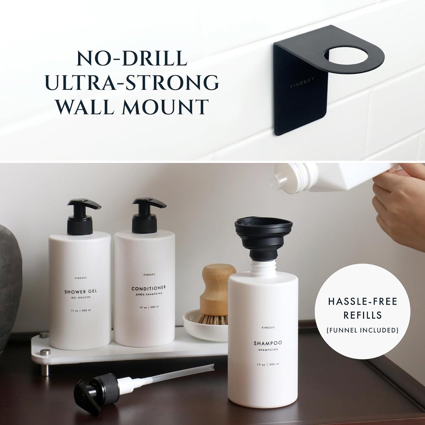 FINESSY Amber Shampoo and Conditioner Dispenser for Shower Wall No Drill | 3 Plastic 17oz Fillable Shower Bottles With Labels. Shower Shampoo Dispenser Wall Mounted. Airbnb Empty Soap Pump Bottles.