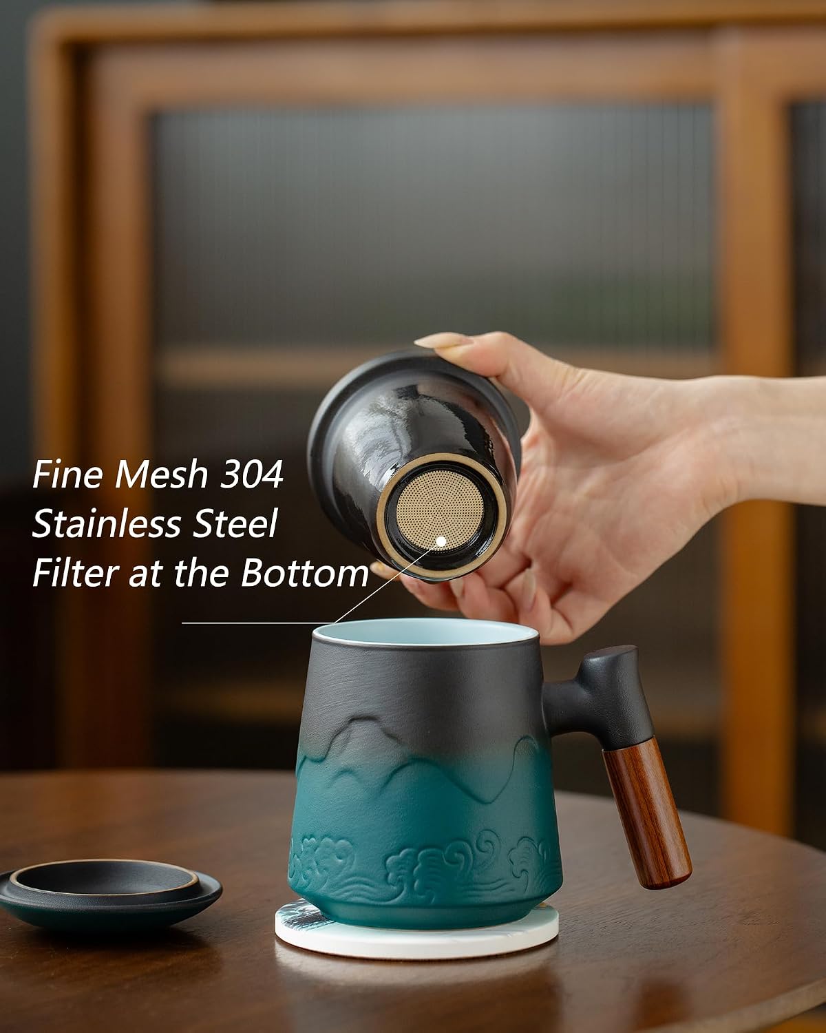 ZENS Tea Cup with Infuser and Lid & Coaster for Tea Steeper, 15oz Blue | Embossed Ceramic Tea Infuser Mug for Loose Leaf Tea Difussers, Tea Lovers Gifts, Nature Wood Handle