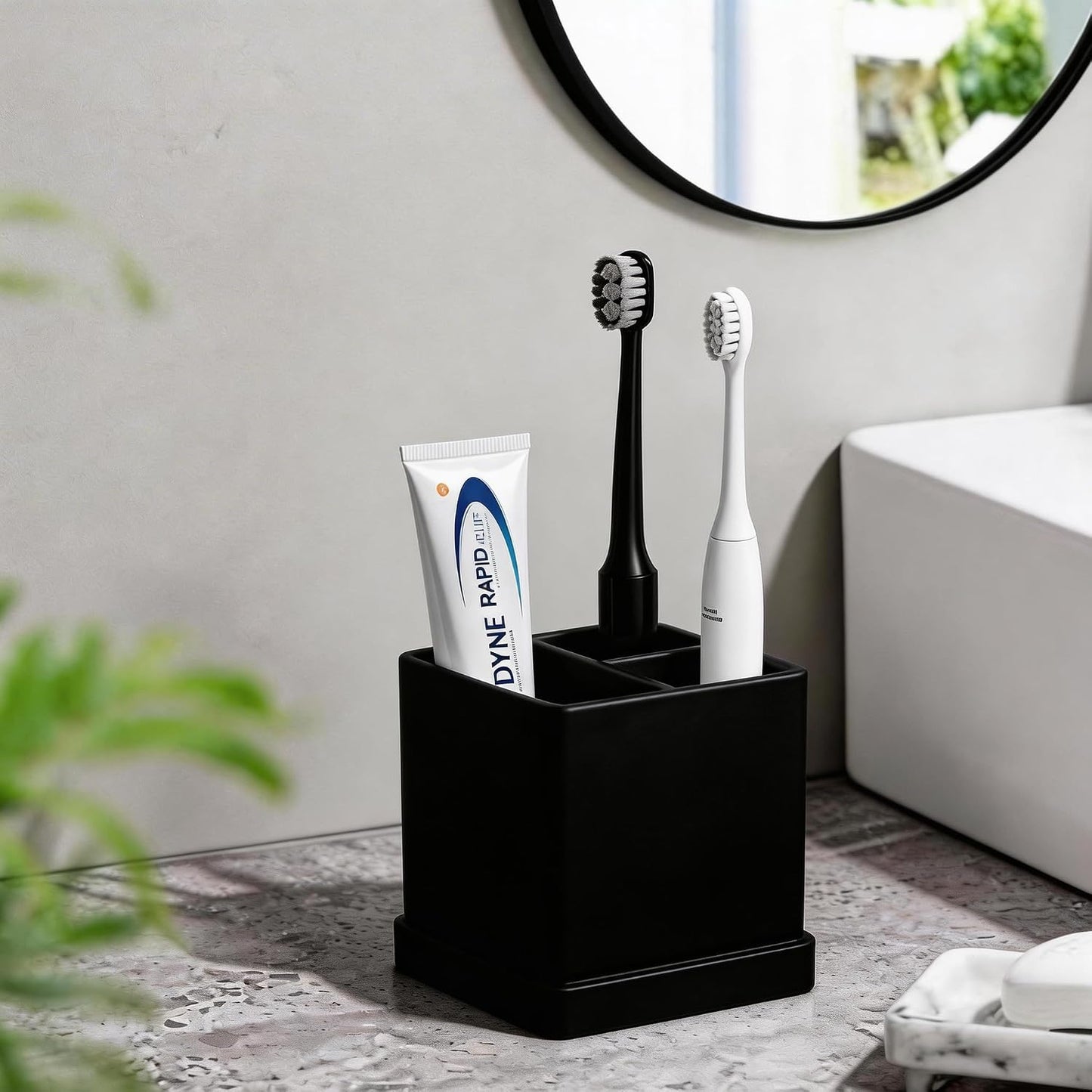 Silicone Toothbrush Holders for Bathrooms with Drainage Tray, White Marble | 3 Slots Unbreakable Countertop Electric Tooth Brush and Toothpaste Holder Organizer Stand, Marble Bathroom Accessories Decor