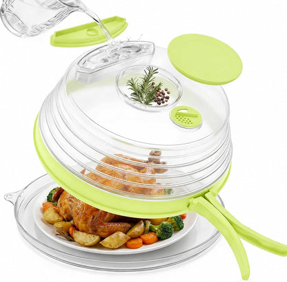 Microwave Splatter Cover with Base Plate and Water Steamer,Collapsible Microwave Cover for Food with Handle and Seasoning Groove, Clear Plate Covers,Food Safe,BPA Free,House Gifts (Creamy White)