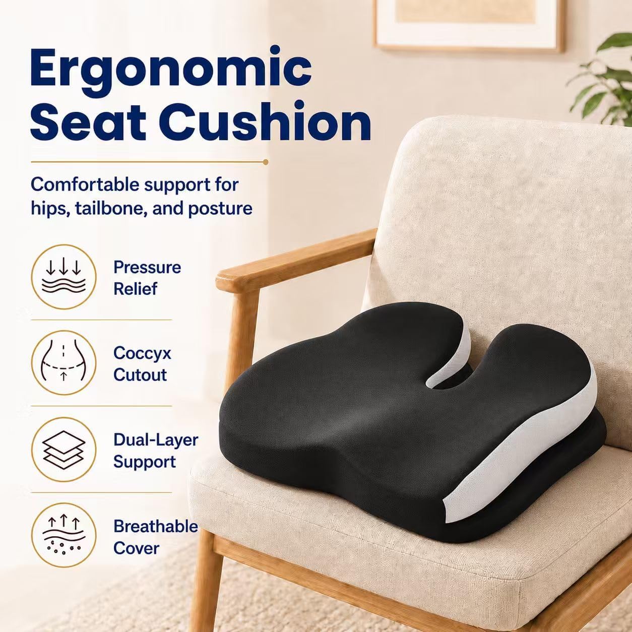 Memory Foam Ergonomic Seat Cushion for Office Chairs Pain Relief | Suitable for prolonged sitting, relieves tailbone pain, fits office chairs, wheelchairs, car seats and computer desk chairs