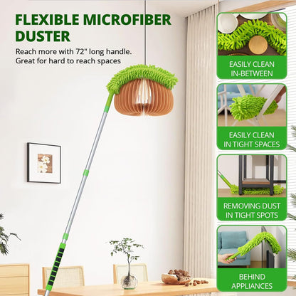 Ceiling Fan Cleaner Cobweb Duster with 6Ft/72'' Extension Pole High Ceiling Fan Blade Cleaning Tool Microfiber Duster Reusable Pads for Cleaning Ceiling Fan, Spider Web, Baseboard, Blind