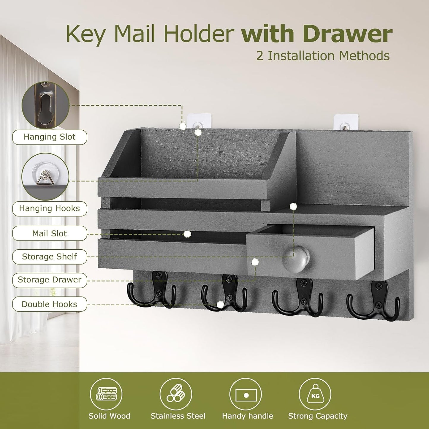 Key Holder Wall Mount, Wooden Key and Mail Organizer, Black | 2 Mount Options, Includes 8 Hooks, Fence Mail Slot, Small Drawer and Shelf, for Entryway, Hallway, Doorway, Living Room, RV