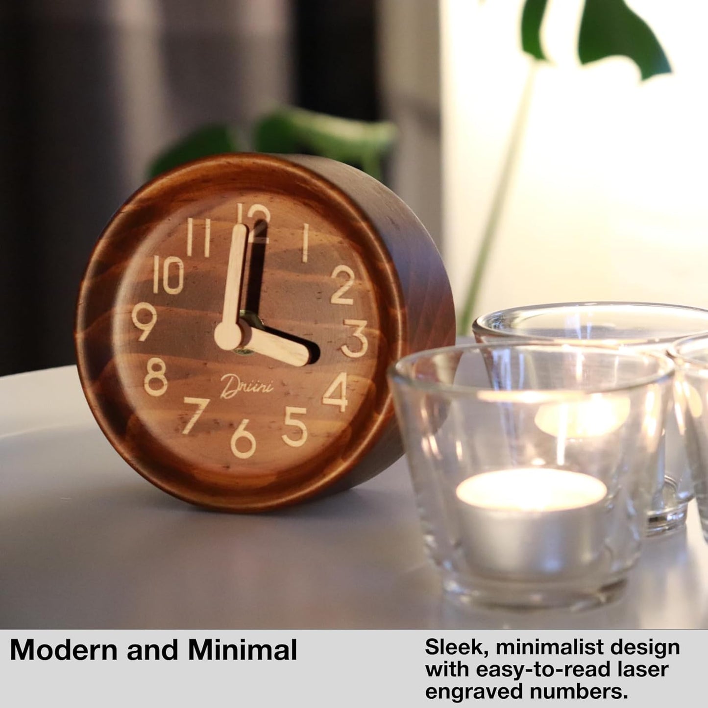 Driini Wooden Analog Desktop Clock – 4.3 in. Decorative Pinewood, No-Tick Design – Easy to Read Silent Sweep Mantle Clock – Quiet Tabletop Clocks with Wood Body, Hands, & Battery Cover; Dark