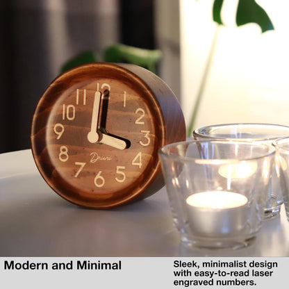Driini Small, Silent Wooden Analog Desk Clock for Shelf or Table, Dark