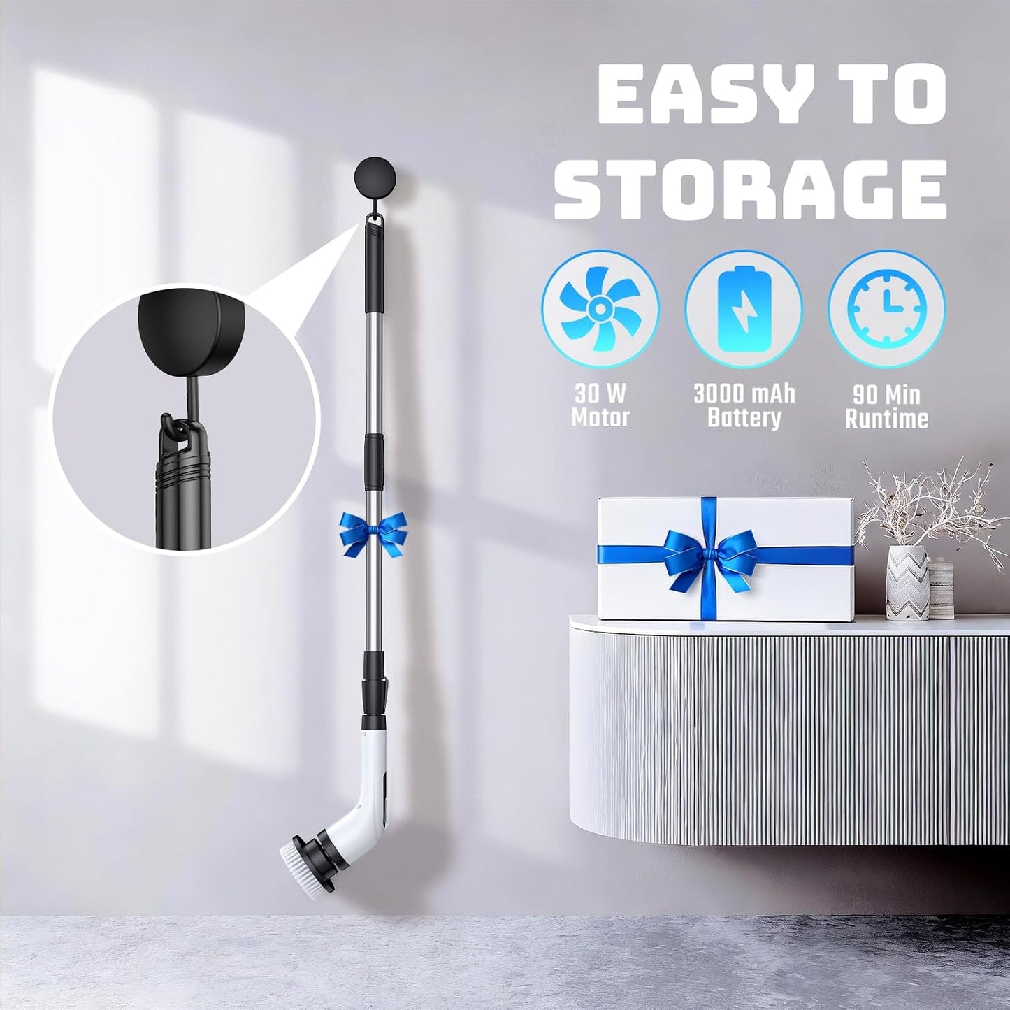 Electric Spin Scrubber, 2-Speed Cleaning Brush, Extendable Handle (White) | Includes 7 reusable brush heads and an IPX7-rated design for cleaning bathrooms, showers, kitchens, tile, floors, and grout