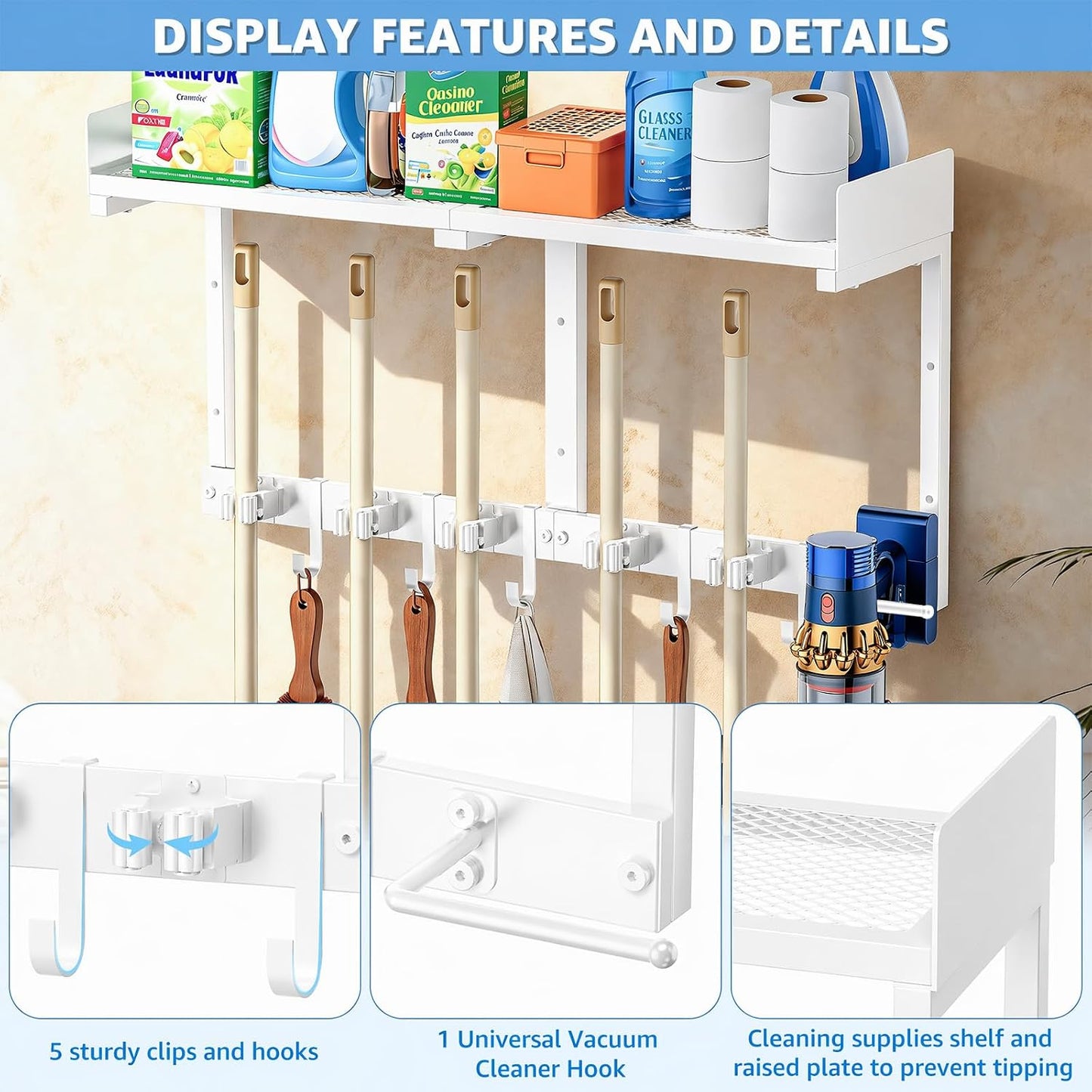 27" Mop and Broom Holder Wall Mount with Top Storage Shelf & Hooks,Black | Mop Hanger Wall Mount, 5 Grippers, 5 Hooks, Wall Organizer For Laundry Room, Garage And Kitchen