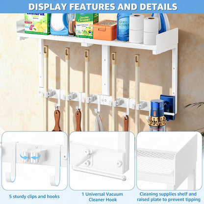 27" Mop and Broom Holder Wall Mount with Top Storage Shelf & Hooks,Black | Mop Hanger Wall Mount, 5 Grippers, 5 Hooks, Wall Organizer For Laundry Room, Garage And Kitchen