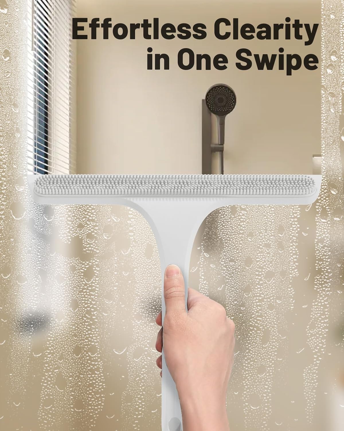 2-in-1 Silicone Shower Squeegee with Hook,Dual-Sided Design with Scraper & Scrub Surface,Rust-Proof Stainless Core,Streak-Free Bathroom Squeegee for Glass Doors,Mirrors,Windows,Car Windshields (Black)