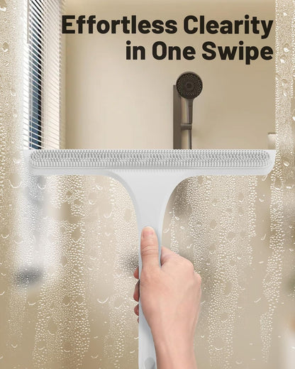 2-in-1 Silicone Shower Squeegee with Hook,Dual-Sided Design with Scraper & Scrub Surface,Rust-Proof Stainless Core,Streak-Free Bathroom Squeegee for Glass Doors,Mirrors,Windows,Car Windshields (Black)