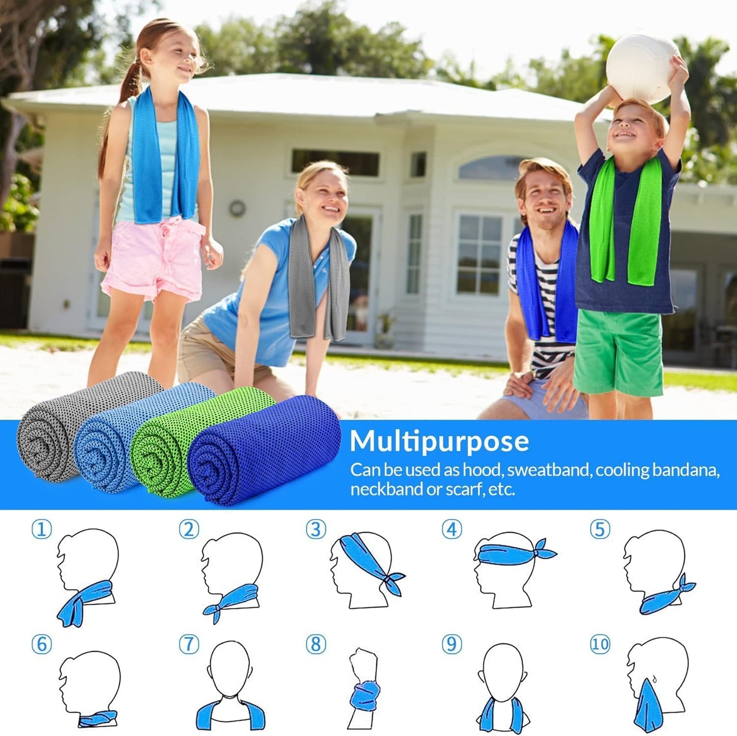 Cooling Towels 8 Pack(40"x12")for Neck and Face, Cooling Neck Wraps for Gym | Sweat wicking, Quick dry, Breathable, Reusable, Absorbent, Cold Towel for Running, Yoga, Travel, Climbing