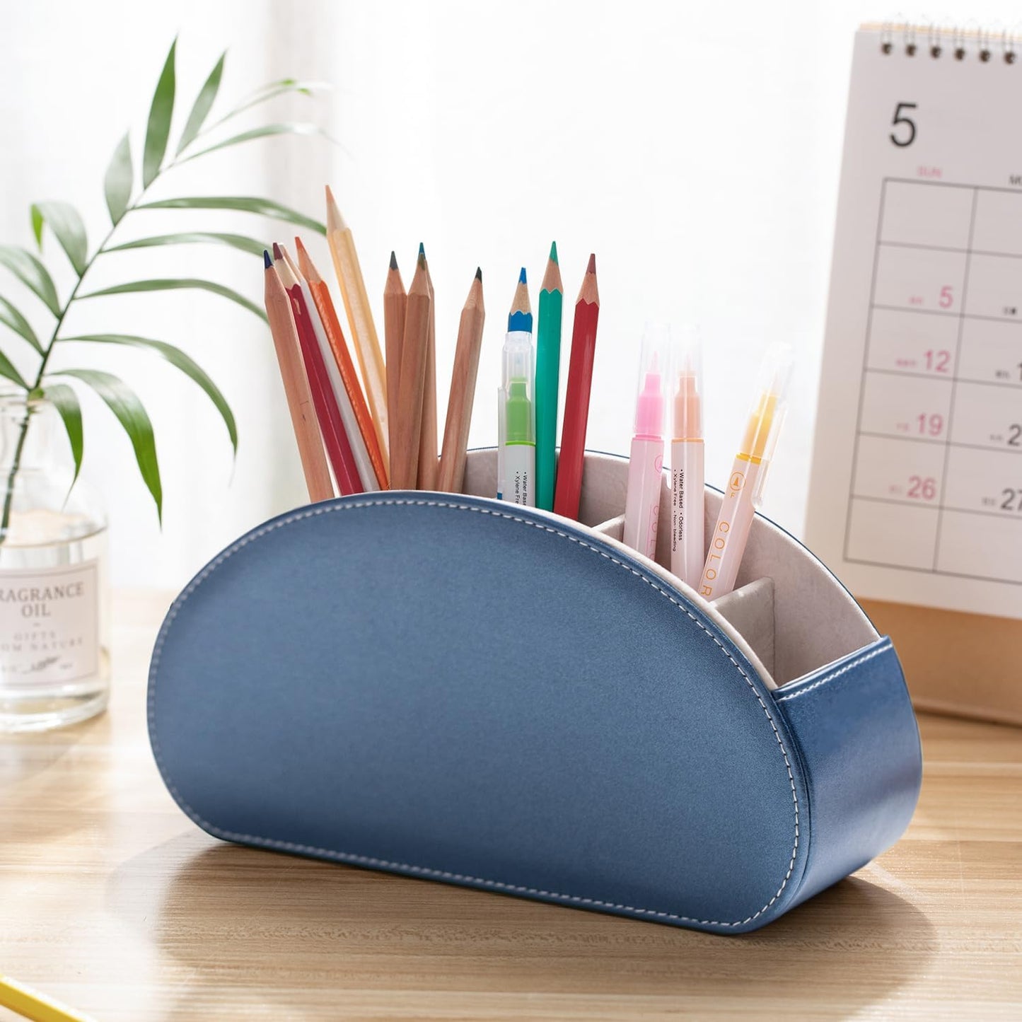 Remote Control Holders Organizer Box with 5 Compartment PU Leather Caddy | Multi-functional Office Desk Storage Caddy Store Tv Remote for Media Player,Brush,Pencil,Glassees&Office Supplies