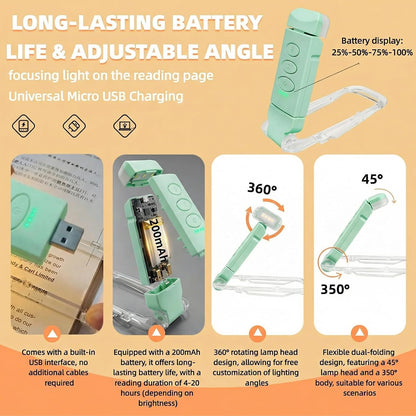 USB Rechargeable Book Light, Portable Clip-on LED Reading Light, Reading Lights for Books in Bed with 3 Amber Colors & 5 Brightness Dimmable, Compact & Long Lasting, Perfect for Book Lovers (Green)