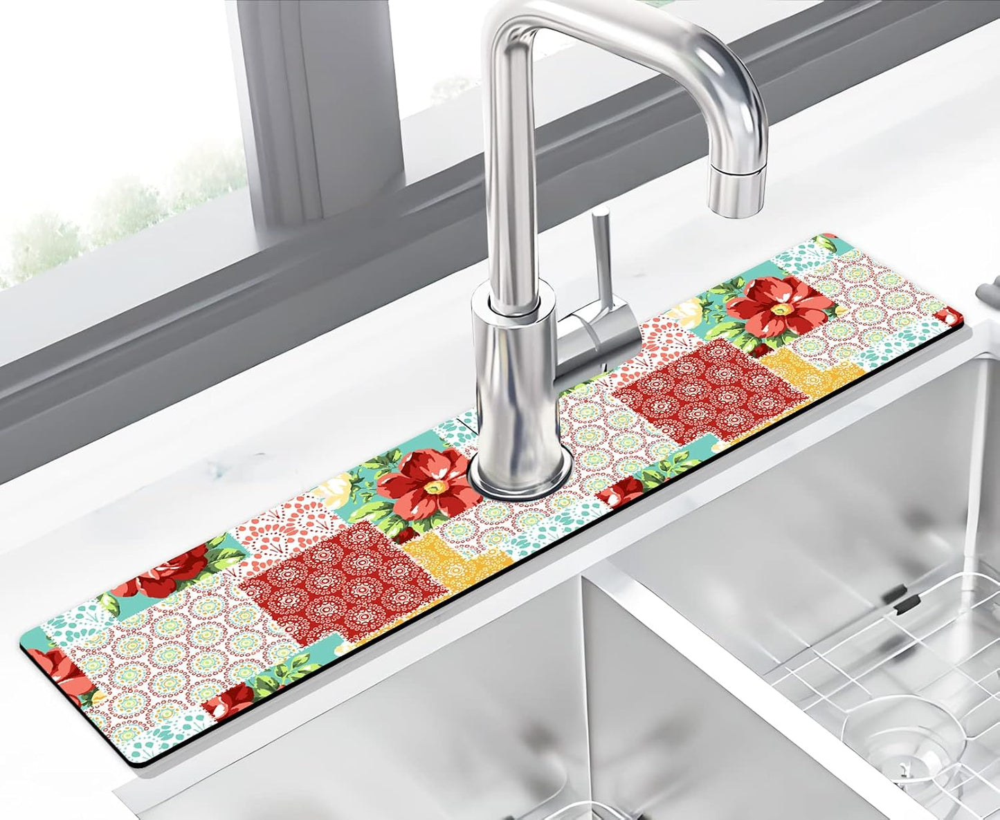 Kitchen Sink Splash Guard Faucet Mat Super Absorbent Fast Drying Mat Sink Gadgets Splash Guard Behind Faucet Drip Catcher for Kitchen (Pink Red Roses Floral, 23.5x5.5in)