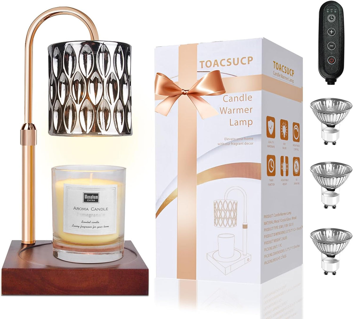 Candle Warmer Lamp with 3 Bulbs, Adjustable Height Dimmable Candle Warmer with Timer, Candle Lamp with Charming Gift Box Ribbon,Birthday Gifts for Women Mom, House Warming Gifts New Home Decor