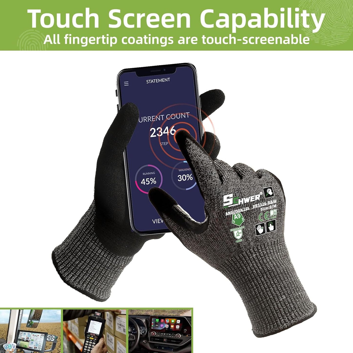 Schwer ProGuard High Level Cut Resistant Work Gloves for Extreme Protection, ANSI A9 Cut Gloves with Reinforced Thumb, Non Slip, Breathable, Durable, Touch-screen, Black 1 Pair（L 3326