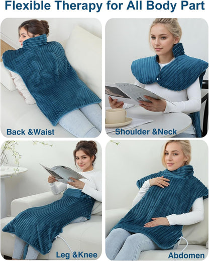 Heating Pads for Back Pain Relief,Wearable Heating Pad with Massager,Teal | 24"x35" Extra Large Heated Wrap for Neck and Shoulders ,Auto-Shut Off,Machine Washable