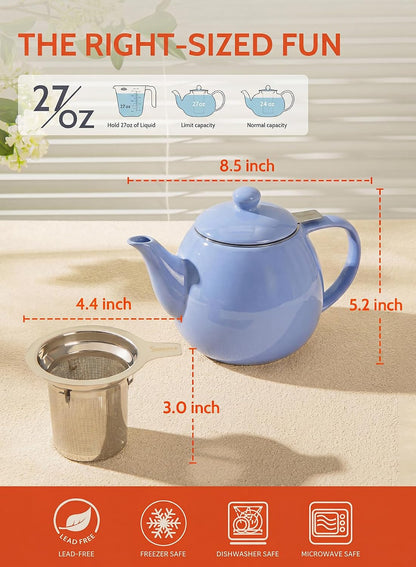 Sweese Teapots for Tea, 27 oz Porcelain Tea pot with Removable Stainless Steel Infuser, Tea Pots for Loose Tea - White