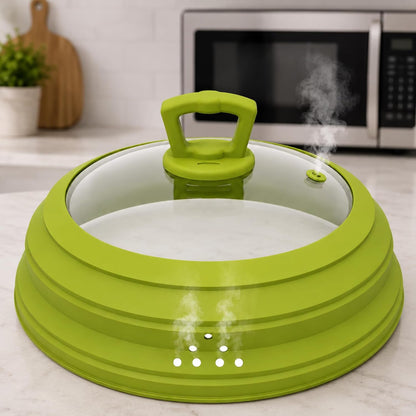 Collapsible Microwave Splatter Cover, Vented Glass Silicone Lid with Heat resistant Handle, Fit Plates Bowls Pots, Safe for Microwave Convection Oven Steamer Dishwasher（grey 11.8in）