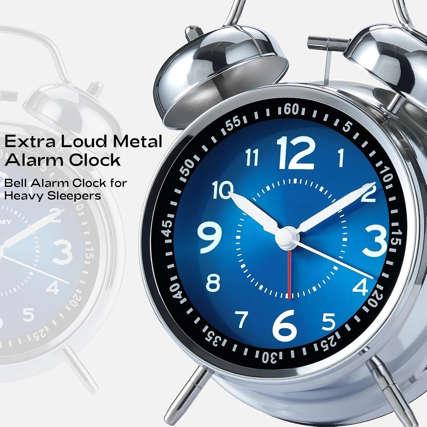 AKCISOT Loud Alarm Clock for Heavy Deep Sleepers, 4.5 Inches Analog Metal Twin Bell Clocks Battery Operated with Backlight for Bedroom Beside, Old Fashioned for Home Desk Decoration(Blue)