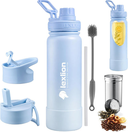 Lexlion Tea Infuser Water Bottle 22 Oz – Triple Wall Insulated Stainless Steel, Loose Leaf & Fruit Strainer, 3 Leakproof Lids, BPA-Free Silicone Sleeve, Reusable Thermal Mug