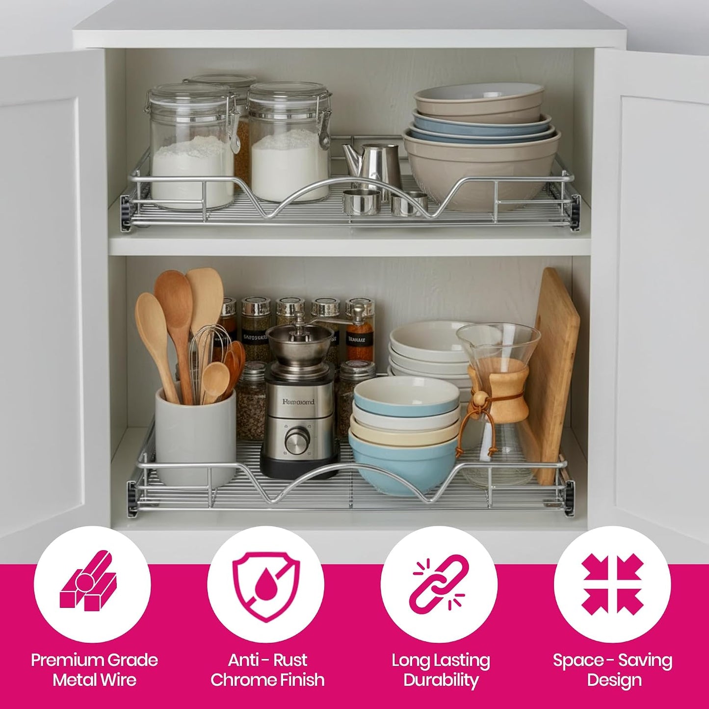 HOLDN’ STORAGE Pull Out Cabinet Organizer, 14”W x 21”D Cabinet Drawer | Heavy-Duty Caddy, Lifetime Limited Warranty, Steel Metal Cabinet Drawers, Chrome, Requires At Least 15-1/4” Cabinet Opening