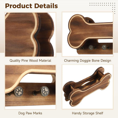 Doggie Bone Key Holder Wall Mount, Rustic Wooden Dog Leash Holder with 5 Hooks, Dog Stuff Storage Shelf, Pet Accessories Organizer for Entryway, Living Room, 11.8 x 6.1 x 3.1 in