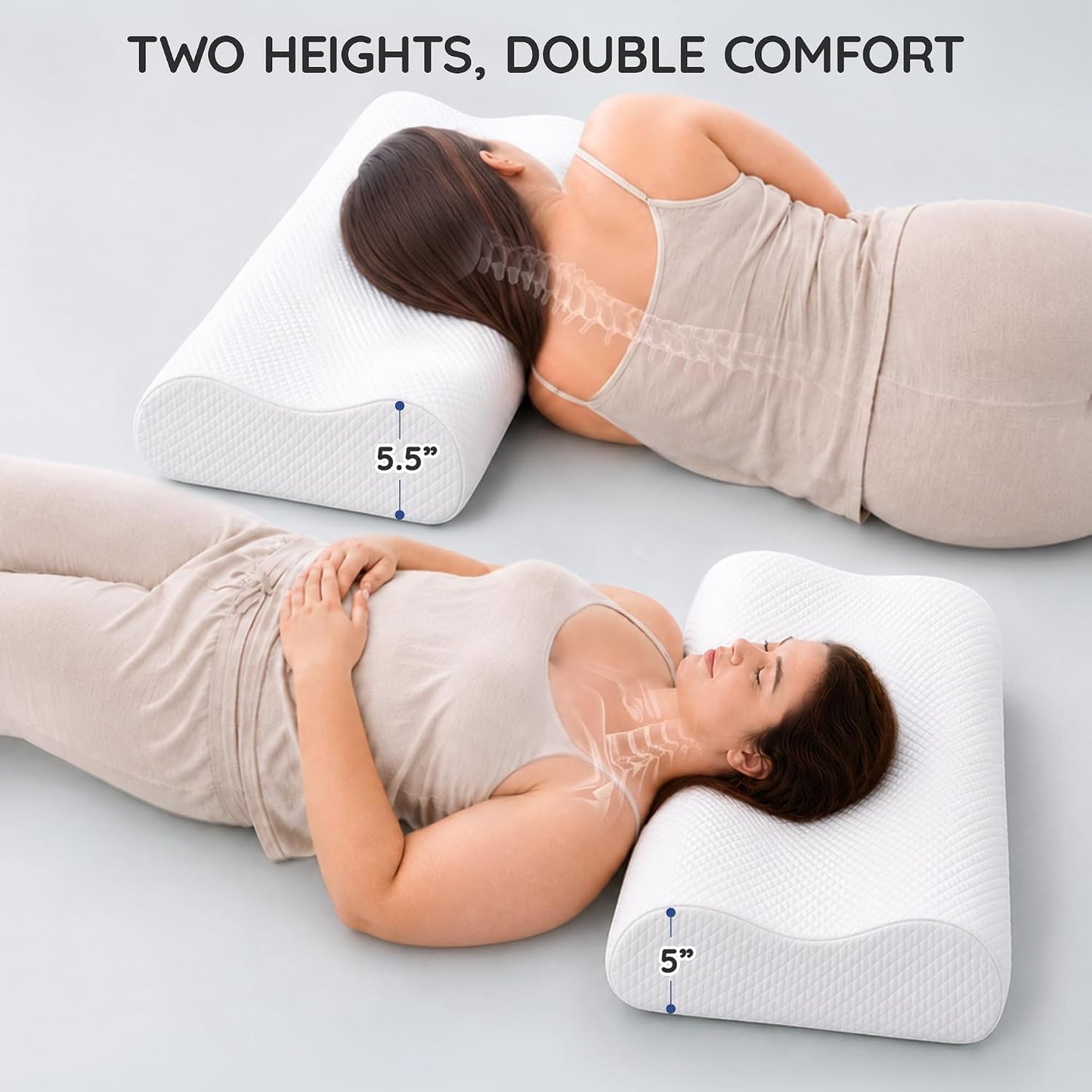 Contour Memory Foam Cervical Pillow for Neck Pain Relief, White | Orthopedic neck support | Standard size | side/back/stomach sleep | cervical alignment | two height choices | washable cover