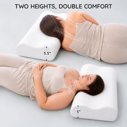 Contour Memory Foam Cervical Pillow for Neck Pain Relief, White | Orthopedic neck support | Standard size | side/back/stomach sleep | cervical alignment | two height choices | washable cover