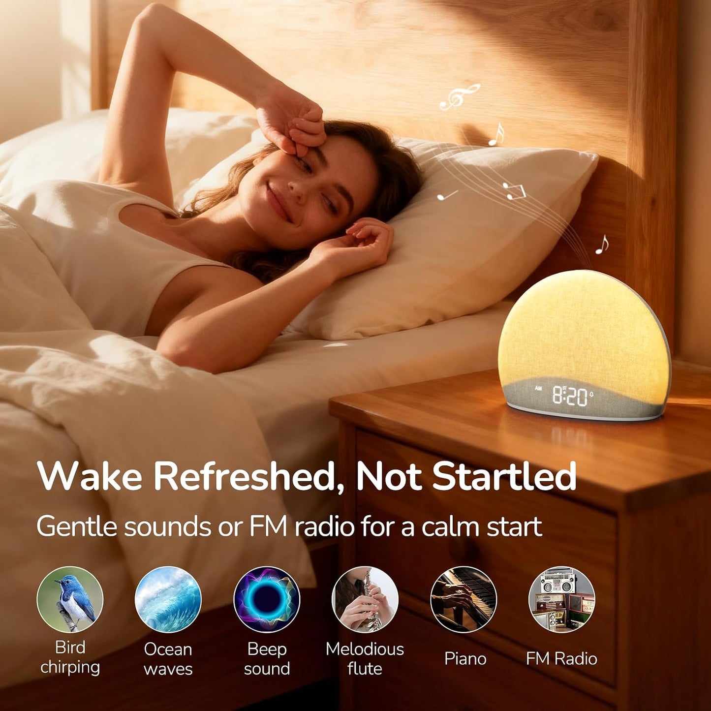 HOUSBAY Sunrise Alarm Clock with Bluetooth Speaker & Radio | Wake Up Light, 6 Gentle Alarm Sounds, Full-Range Dimmable Night Light & Display, Relaxing Bedside Companion, Fabric Finish