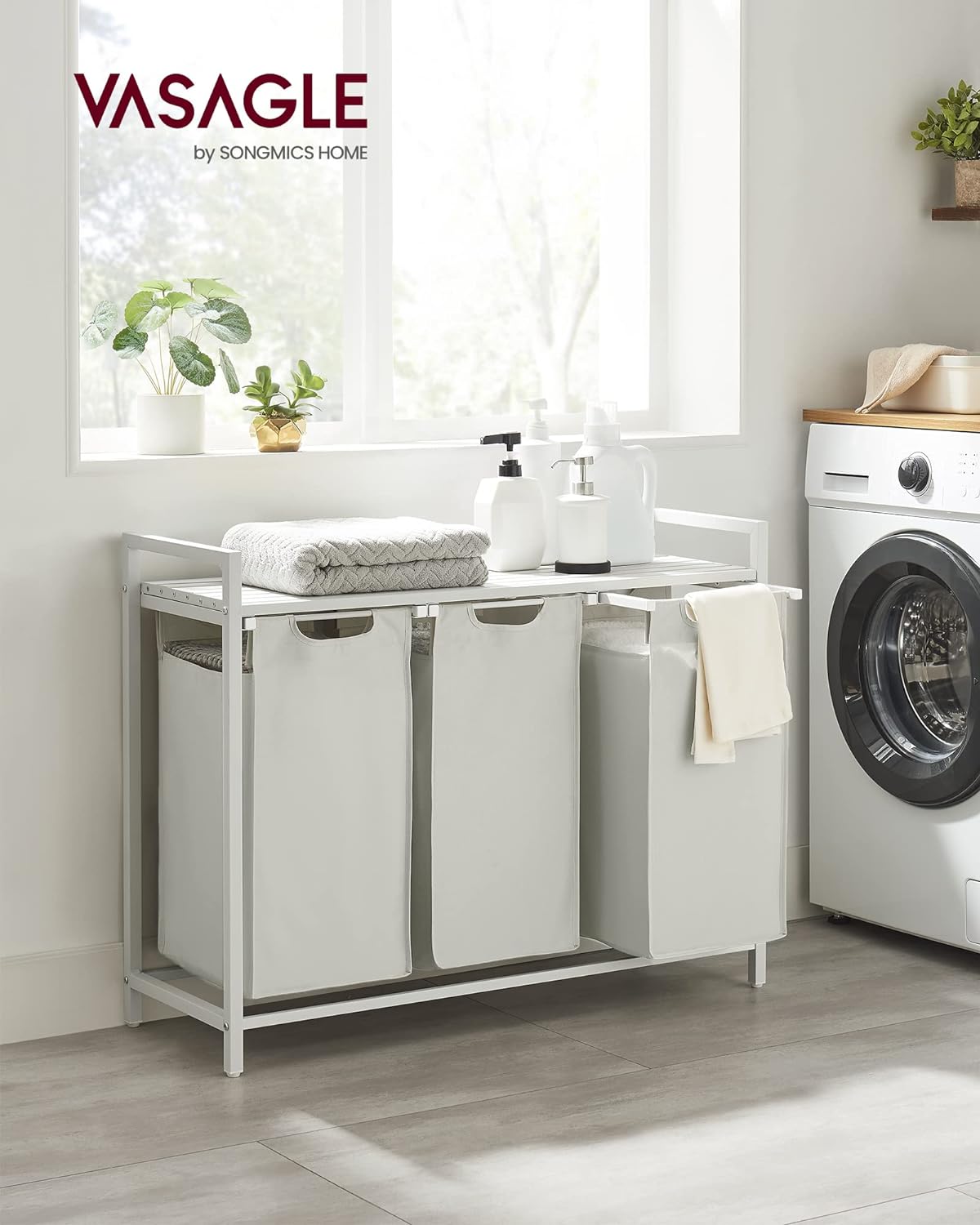 VASAGLE Laundry Hamper, Laundry Basket Sorter with 3 Pull-Out and Removable Bags, Shelf, Metal Frame, 3 x 10.6 Gallons (40 L), 36.4 x 13 x 28.4 Inches, Cappuccino Beige and Natural Beige UBLH301LH01