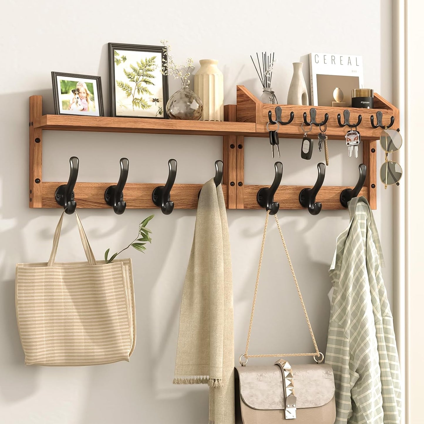 Evermagin 29" Coat Rack Wall Mount with Shelf & 11 Hooks, Entryway, Black | Wooden Wall Mounted Coat and Key Rack with Hooks, Key Hanger with Mail Holder for Living Room, Mudroom, Bedroom
