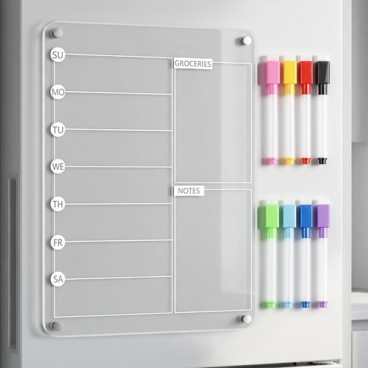 Acrylic Magnetic Weekly Calendar Planner for Fridge - 12"x8" Menu Board with 8 Color Markers, Kitchen Dry Erase Board for Meal Planning, Grocery List for Refrigerator