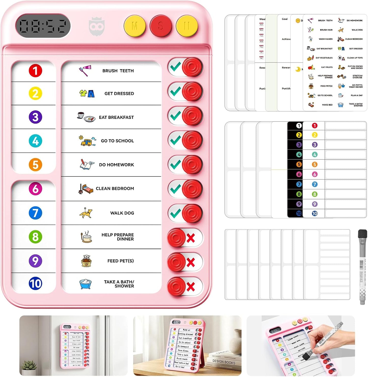 Chore Chart for Kids with Visual Timer, ADHD Tools Visual Schedule Planning Board with Slider, 20 Personalizable Cards and Magnetic Marker, Morning/Bedtime/Daily Routine Chart Checklist - Blue