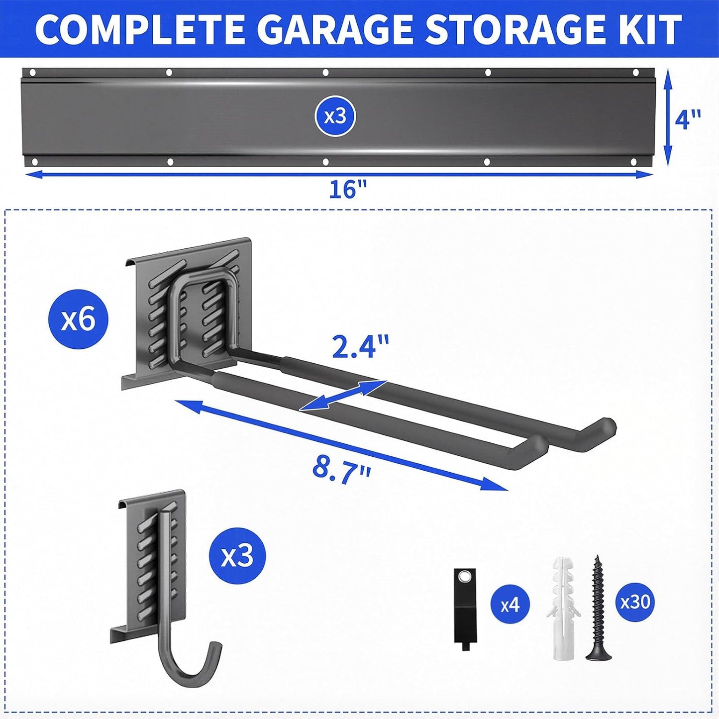 Garage Tool Organizer Wall Mount, 48 Inch Heavy Duty Garden Tool Organizer Storage System, Easy Install with 6 Adjustable Straight Hooks, for Garage, Basement, Shed, Workshop, Black, Steel