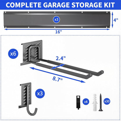 Garage Tool Organizer Wall Mount, 48 Inch Heavy Duty Garden Tool Organizer Storage System, Easy Install with 6 Adjustable Straight Hooks, for Garage, Basement, Shed, Workshop, Black, Steel