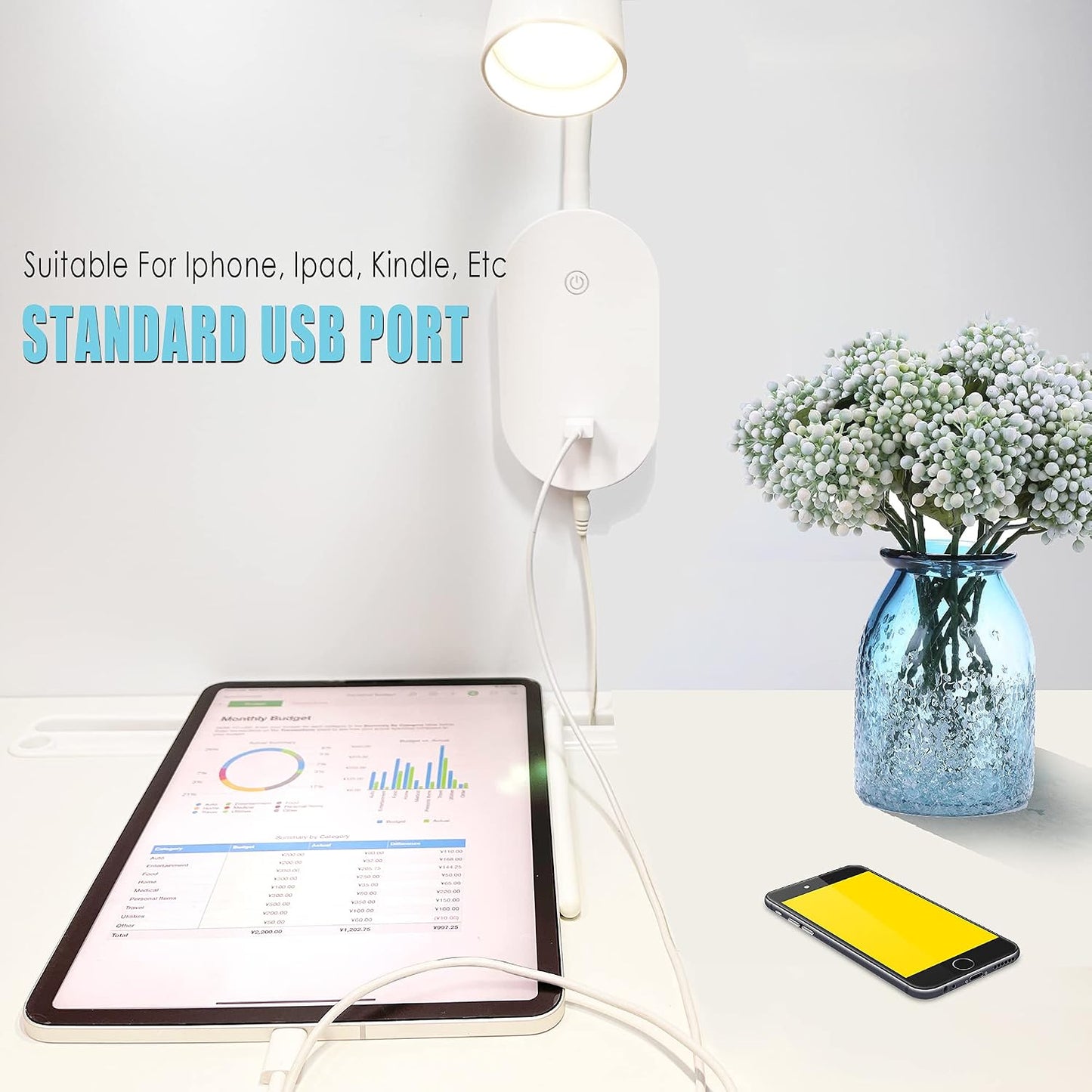 Wall Mount Reading Light, Focused Book Light for Reading in Bed, 5 Dimming, USB Output, 4 Hours Auto Off, Touch Control, Flexible Gooseneck Headboard Reading Lamp, Easy to Install White | Focused bedside light with touch dimming, flexible gooseneck, USB