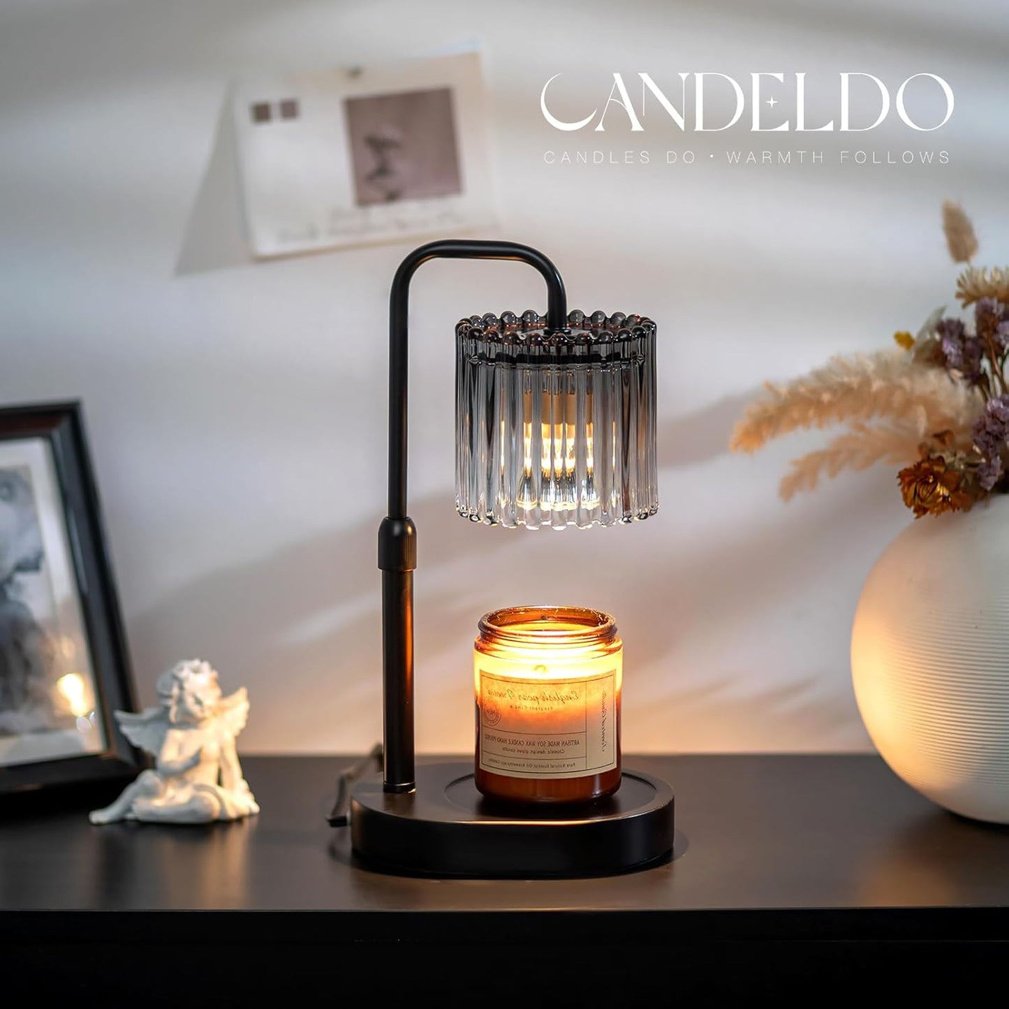 Candeldo Candle Warmer Lamp with Timer: Black Wax Melt Warmer | Height Adjustable, Dimmable, with 2 Bulbs, Modern Farmhouse Decor for Home, Bedroom, Gifts for Women, Birthday, Housewarming