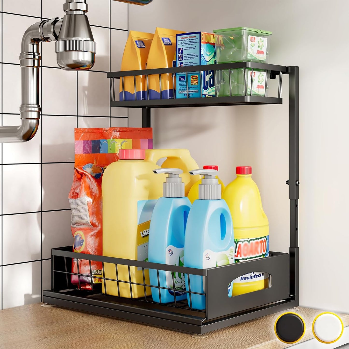 Under Sink Organizer, 2-Pack L-Shaped Metal Pull-Out Drawers for Kitchen | Cabinet Organizer Height Adjustable Heavy Duty Metal 2-Tier Storage Fits Beside Common Pipes for Bathroom Pantry
