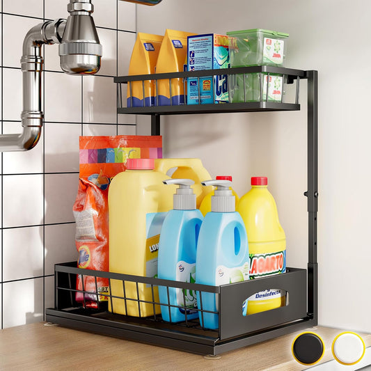 Under Sink Organizer, 2-Pack L-Shaped Metal Pull-Out Drawers for Kitchen | Cabinet Organizer Height Adjustable Heavy Duty Metal 2-Tier Storage Fits Beside Common Pipes for Bathroom Pantry