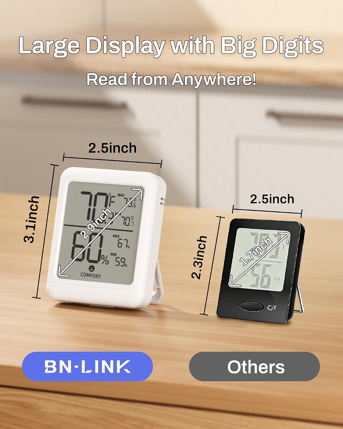 BN-LINK Digital Hygrometer Indoor Room Thermometer with LCD, 2 Pack | Accurate Temperature and Humidity Meter with Large LCD Monitor for Home, Bedroom, Terrarium, Incubator, Greenhouse