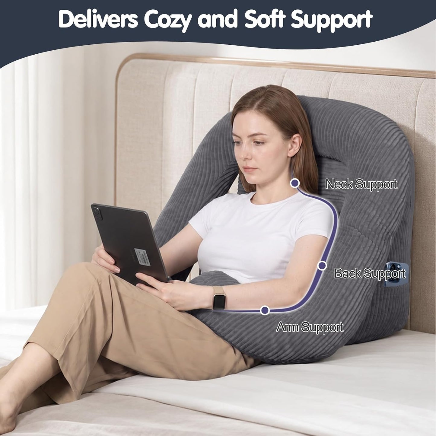 Reading Pillow for Bed, Backrest Pillow with Arms for Adult | Bed Pillow for Sitting Up, Back Support Pillows for Sleeping, Reading and Gaming with Shredded Memory Foam, Gray