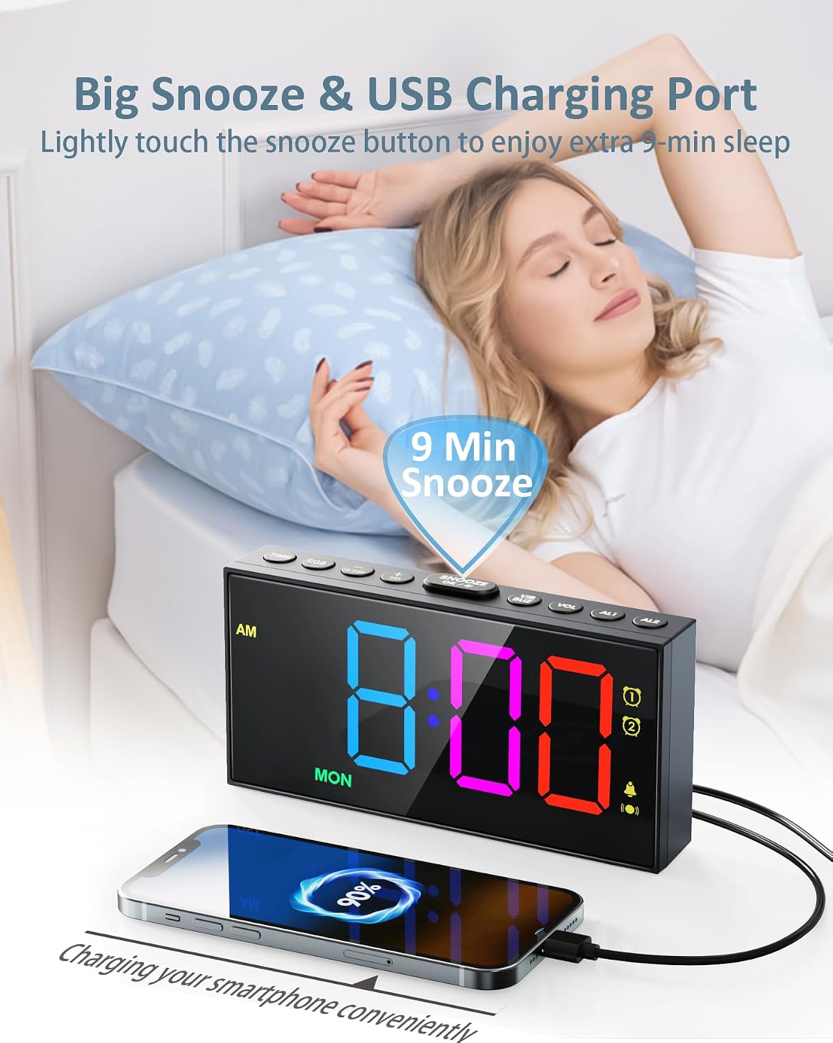 Roxicosly Vibrating Alarm Clock with Bed Shaker for Heavy Sleepers, 3-Level Vibration, Dual Alarms with Weekday & Weekend Mode, Large Digits, Dimmer, Snooze, USB Charger, Battery Backup