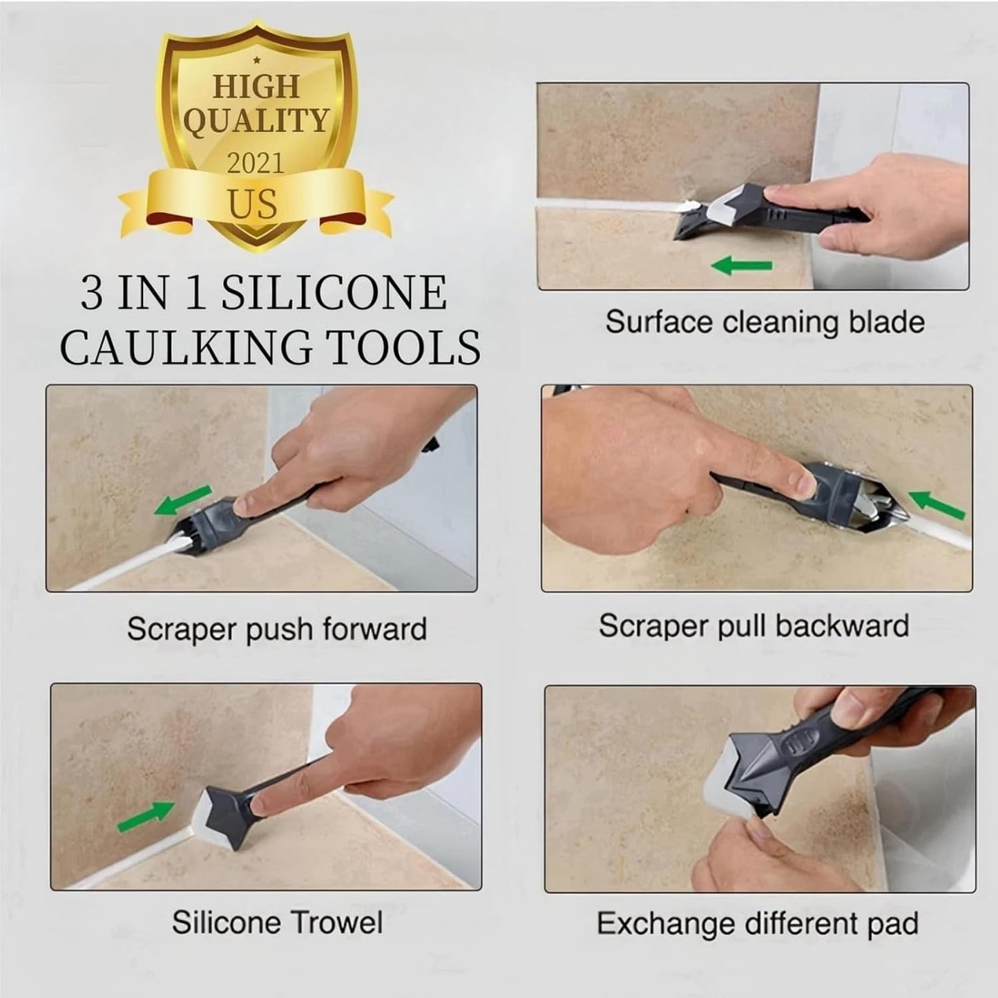 Caulking Tool 5 in 1, Caulk Remover & Silicone Sealant Finishing Kit with Grout Scraper and 6 Silicone Pads, Ideal for Kitchen, Bathroom, and Window Sealing