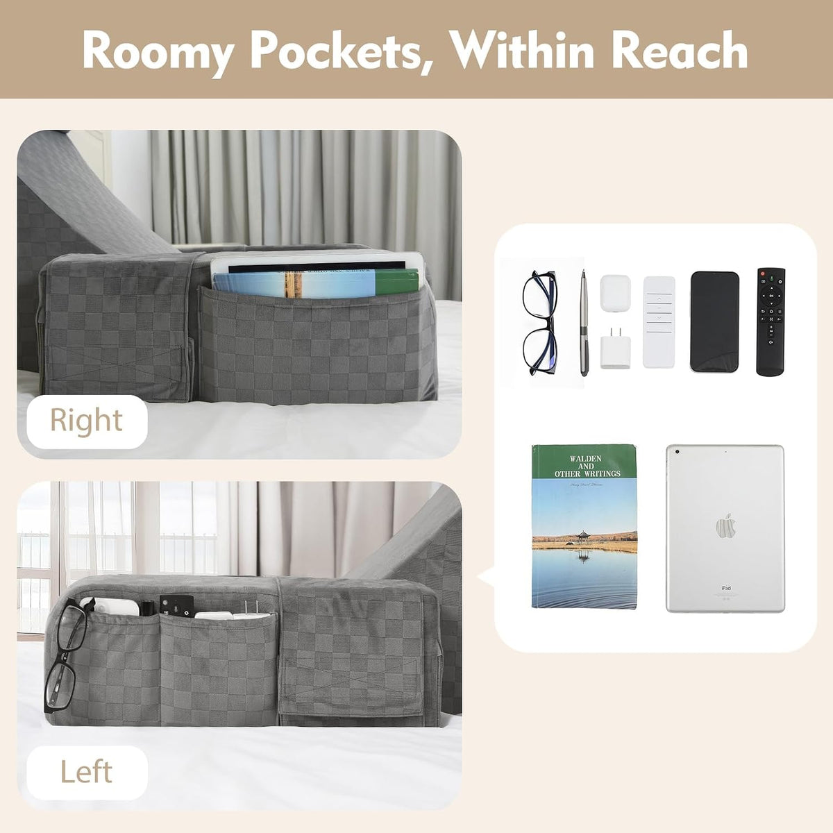 Vekkia 19'' Reading Pillow for Adults with XL Side Pockets, Adjustable Arms